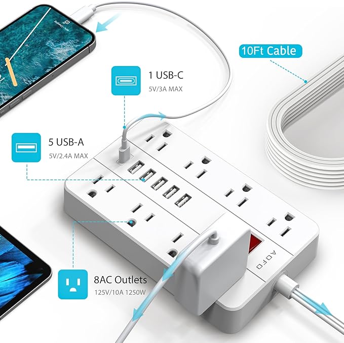 10ft Extension Cord Long Power Strip,AOFO 8 Widely-Spaced Outlets & 6 USB Ports Flat Plug Power Strip,Power Cord for Wall Mountable and Desktop White