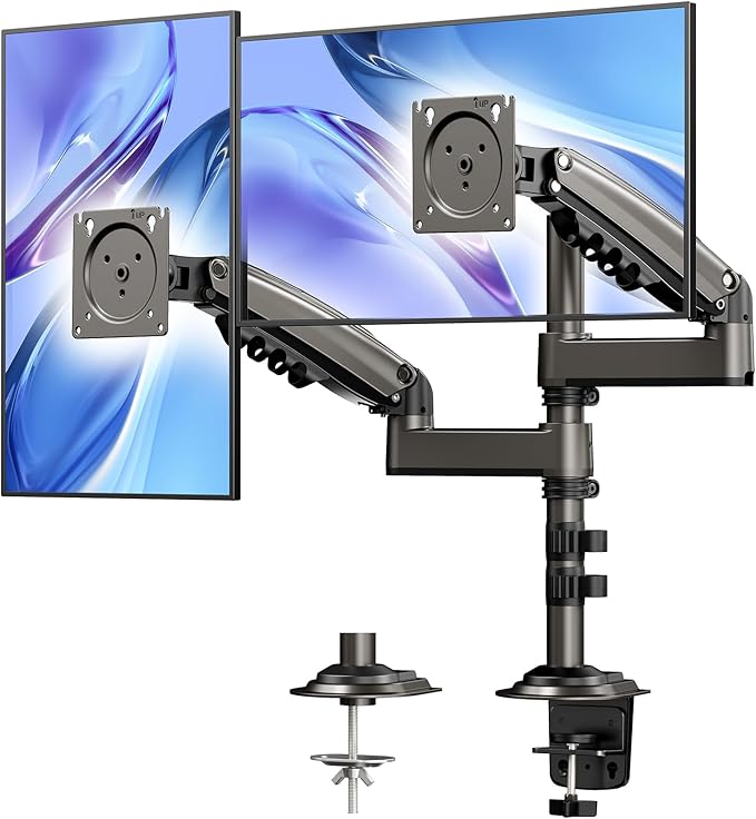 HUANUO 17-32 Inch Dual Monitor Stand, Gas Spring Dual Monitor Mount, Monitor Stand 2 Monitors, Ergonomic Adjustable Tilt/Swivel/Rotate, Weight Max 19.8 lbs, VESA 75/100mm