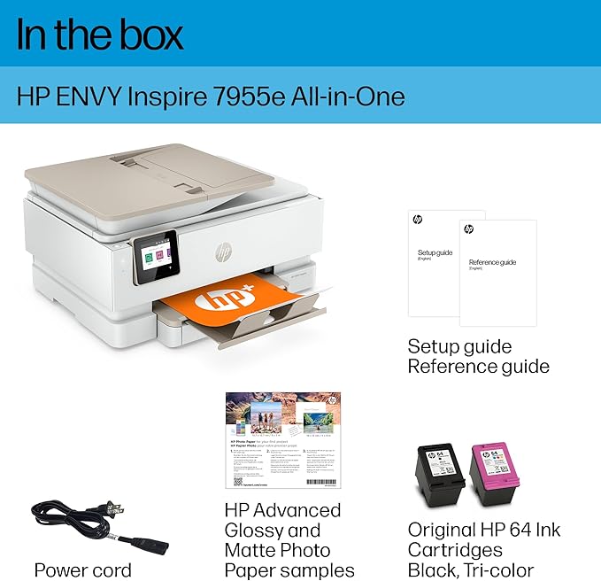 HP ENVY Inspire 7955e Wireless Color Inkjet Printer, Print, scan, copy, Easy setup, Mobile printing, Best-for home, 3 month Instant Ink trial included, White