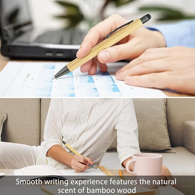 100pcs Bamboo Pens Bulk with Touch Stylus Tip Wooden Bamboo Pens Engraving Wooden Ballpoint Pen Customizable Gift Pen Bulk Grey