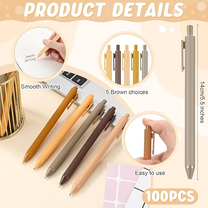 100 Pcs Ballpoint Pens Bulk Retractable Writing 1. 0 mm Black Ink Cute Pens Smooth Writing Color Fancy Gift for Teacher Student Employee Office School Home Baby Shower Supplies (Brown Series)