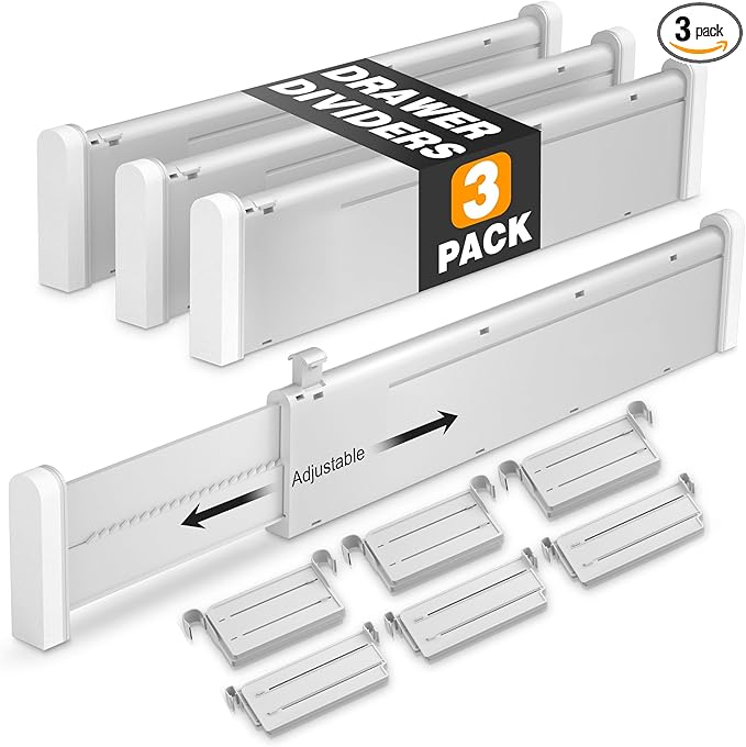 HiYZ Expandable Drawer Dividers with Inserts - Adjustable Drawer Organizers Separators for Kitchen, Bedroom, Dresser, Office, 3 Long Dividers(12.6-22.8 IN) with 6 Inserts(3.9-7.1 IN) - Gray