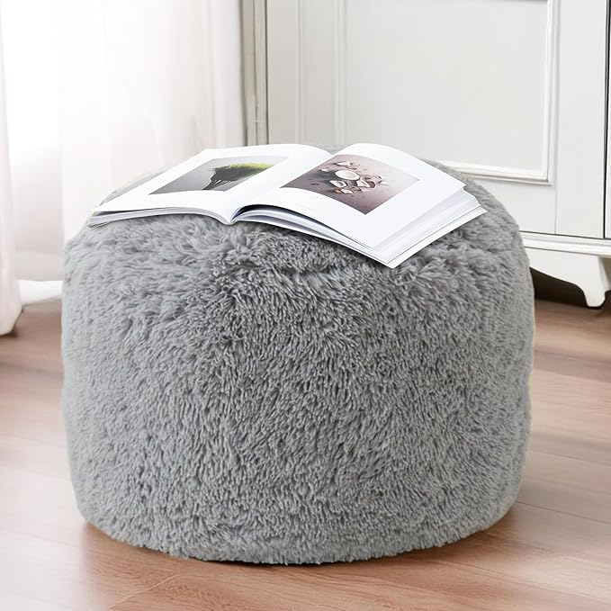 HIGOGOGO Round Stuffed Pouf Ottoman, Long Faux Fur Poufs with Foam Chunk Filling, Fluffy and Furry Pouf Foot Stool Storage Ottoman, 20 X 15 Floor Poufs Foot Rest for Living Room, Grey
