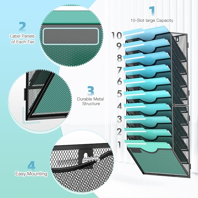 10-Tier Wall File Organizer Hanging Wall File Holder Wall Mount Paper Folder Organize, Mesh Magazine Document Mail Organizer Wall Organizer for Office School Home, Black