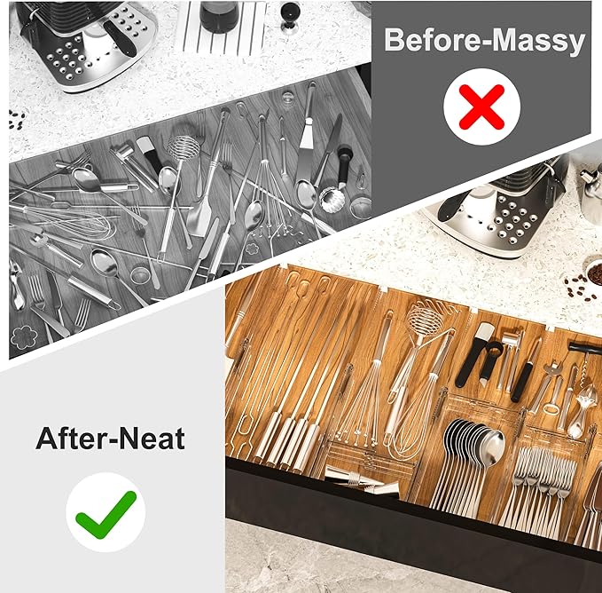 HiYZ Expandable Drawer Dividers - 12.6-22.8'' Adjustable Drawers Organizers for Kitchen Utensils, Drawer Separators in Bedroom, Dresser, Office, Bathroom, Fridge, 5 Pack Long Dividers-Clear