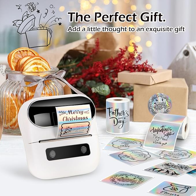 HuiJuKeJi 2 Rolls Holographic Silver Thermal Labels Paper for Phomemo M110 M200 M220 M221,50x50MM Round＆Square,Waterproof Self-Adhesive Mini Printer Laser Stickers for DIY Glitter Labels/Thanks Card