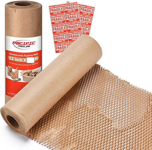 Honeycomb Packing Paper Pacific Mailer 12" x 65' Moving Paper Bubble Cushioning Wrap with 20 Fragile Sticker Labels