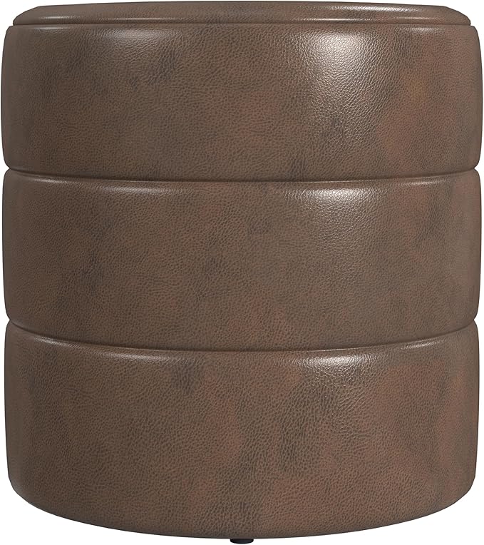 HomePop Upholstered Faux Leather Round Ottoman Home Décor|Foot Rest Ottoman- Brown Faux Leather