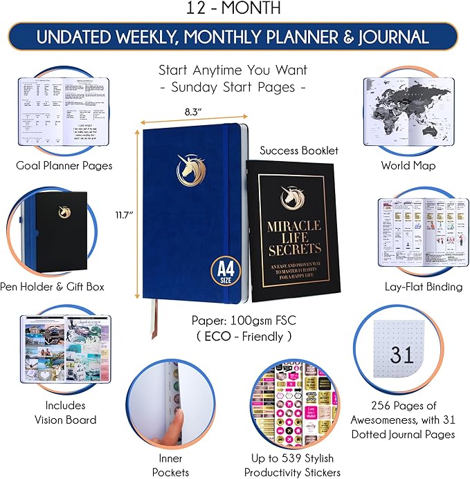 Hourly Planner - Undated Daily, Weekly & Monthly Planner with Budget Section | A 12 Month Journey to Increase Productivity & Happiness | Life Organizer & Gratitude Journal - Vertical Format