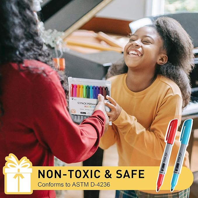 12 Permanent Markers - Assorted Colors Drawing Marker Pens Set, Waterproof Quick Drying Fine Tip Colored Artists Markers for Adults Coloring