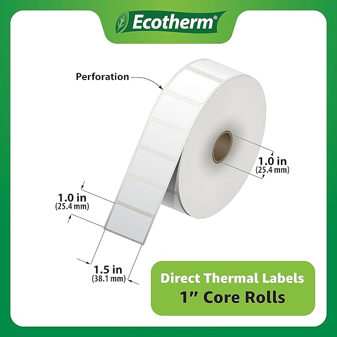 1.5" x 1" Thermal Labels | 6 Rolls | 11400 Labels | fits Zebra, Godex, Arkscan, iDPRT, Offnova Thermal Label Printers and More | Blank White Adhesive Stickers by Ecotherm
