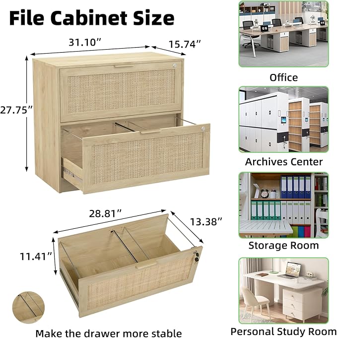 HOPUBUY 2 Drawer File Cabinet with Lock, Printer Stand Lateral Filing Cabinets for Home Office and School, Wood Rattan File Cabinet for Hanging Files/Letter/Legal/A4/F4 Size, Oak