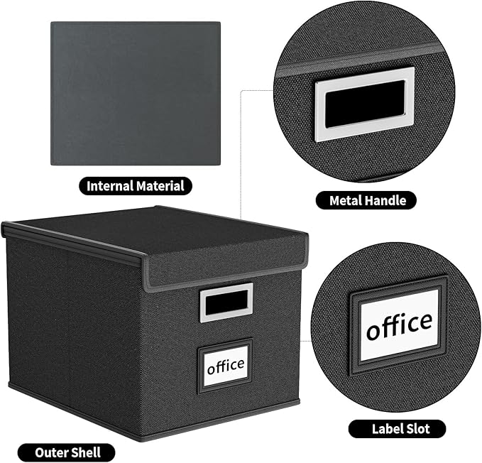 Huolewa Upgraded Portable File Organizer Box, Large Linen Hanging Office Document Storage Box with Lid - Black, Collapsible Filing & Storage Boxes for Office/Decor/Home - 14.9 x 12.59 x 10.8 inch