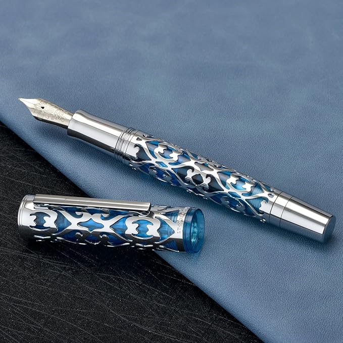 Hongdian D1 Piston Fountain Pen Extra Fine Soft Nib, Silver Blue Hollow Skeleton & Resin Pen with Metal Case Set