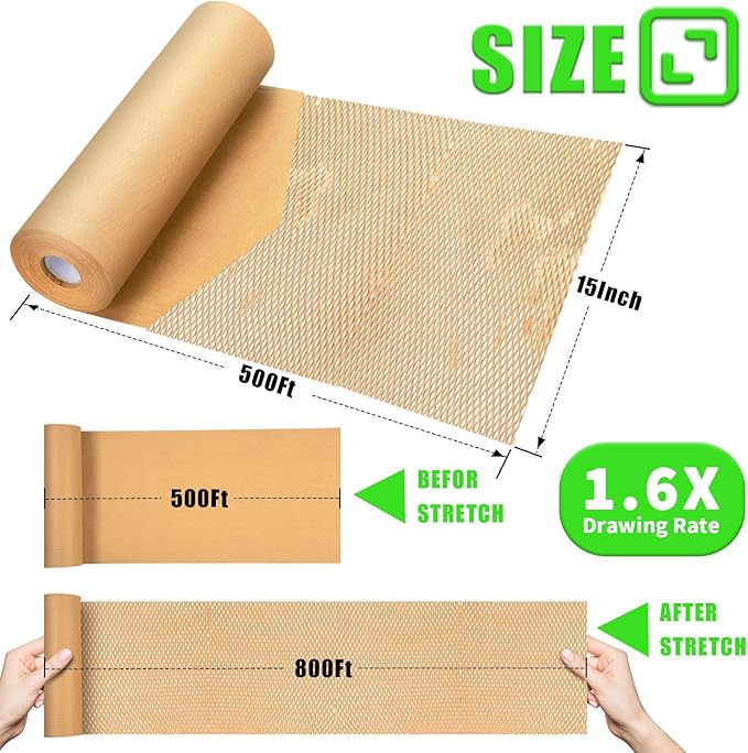 Honeycomb Packing Paper, MINHAO 15"x500' Eco Friendly Packing Paper for Moving Recyclable Honeycomb Paper Moving Supplies Bubble Paper Wrapping Protective Roll, With 36 Fragile Sticker Labels