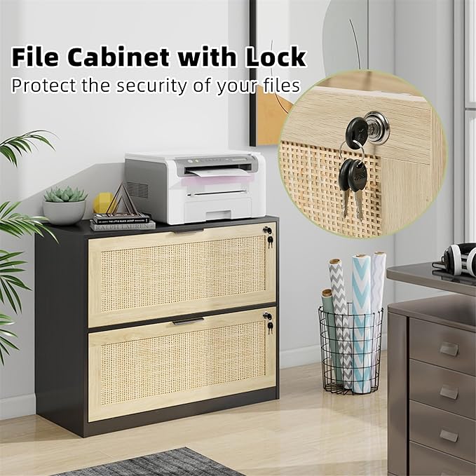 HOPUBUY 2 Drawer File Cabinet with Lock, Printer Stand Lateral Filing Cabinets for Home Office and School, Wood Rattan File Cabinet for Hanging Files/Letter/Legal/A4/F4 Size, Black