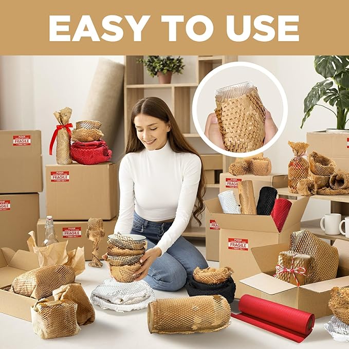 Honeycomb Packing Paper, 12"x300' Brown | Perforated Honeycomb Packing Paper Recyclable Moving Supplies for Shipping & Moving | Plastic-Free Alternative to Bubble Cushion Wrap with 36 Fragile Stickers