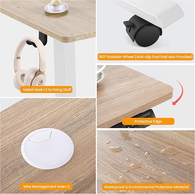 Himimi Electric Standing Desk 55 x 24 inch for Home Office,Sit-Stand Adjustable Desk with Memory Presets,Height Adjustable Desk for Gaming/Working,Free Hook, Lockable Wheels,Mouse Pad,Oak