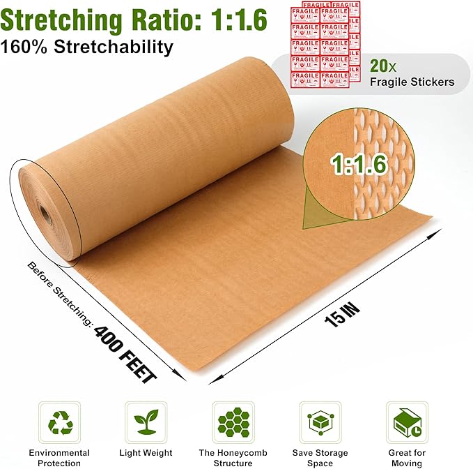 Honeycomb Packing Paper 15" Width X 400 FT for Moving Glass Dishes Recyclable Wrapping Paper Bubble Wrap Packing Material for Shipping Fragile Items Shipping Filler with 20 Fragile Stickers