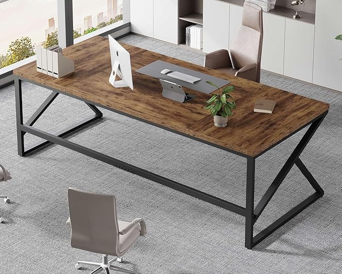 HSH Large Rustic Brown Computer Desk, 78 Inch Extra Long Metal Wood Desk for Home Office, Two Person Executive Writing Study Gaming Desk Table, Bedroom Living Room PC Laptop Dual Monitor Desk