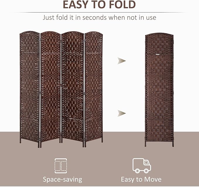 HOMCOM Room Divider 4 Panels Folding Privacy Screen 6FT Tall Portable Wicker Weave Partition Wall Divider for Bedroom Home Office, Brown