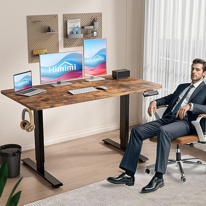 Himimi Electric Standing Desk 55 x 24 inch for Home Office,Sit-Stand Adjustable Desk with Memory Presets,Height Adjustable Desk for Gaming/Working,Free Hook, Lockable Wheels,Mouse Pad,Brown