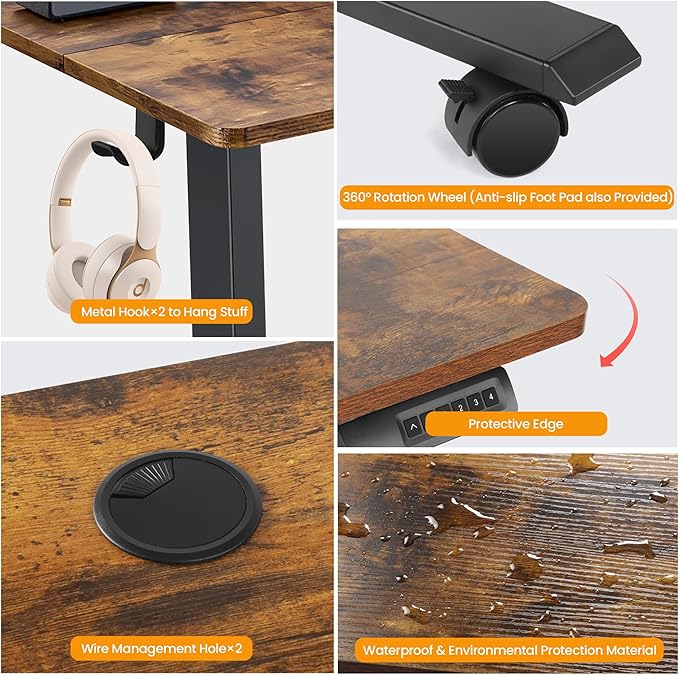 Himimi Electric Standing Desk 48 x 24 inch for Home Office,Sit-Stand Adjustable Desk with Memory Presets,Height Adjustable Desk for Gaming/Working,Free Hook, Lockable Wheels,Brown