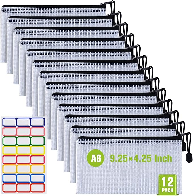 12 Pcs Plastic Mesh Pencil Pouch, Waterproof Tear-Resistant Document File Folders, Zipper Documents Pouch Document Organizer Bags for School Office Business Home Travel Storage(9.25×4.25Inch)
