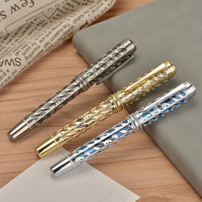 Hongdian A6 Piston Fountain Pen Extra Fine Soft Nib, Golden Hollow Skeleton & Transparent Resin Pen with Metal Case Set