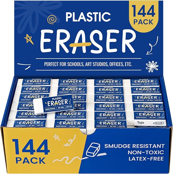 144 Pack White Erasers Bulk, Large Pencil Erasers for School, Classroom, Teacher, Homeschool, and Office Supplies