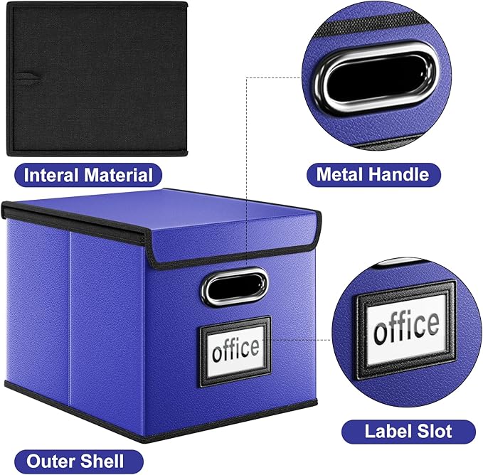 Huolewa Decorative Leather File Organizer Storage Boxes with Lids Set of 4, Document Boxes Organizer, Filing Boxes, Decorative Small File Boxes for Hanging Files, File Cabinet for Office/Home - 4 Pack