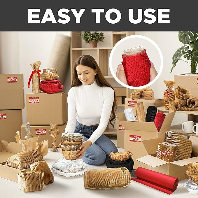 Honeycomb Packing Paper, 12"x150' Red | Perforated Honeycomb Packing Paper Recyclable Moving Supplies for Shipping & Moving | Plastic-Free Alternative to Bubble Cushion Wrap with 36 Fragile Stickers