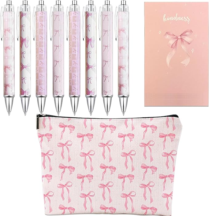 10PCS Pink Bows Ballpoint Pens Coquette Bow Ballpoint Pens Black Gel Ink Coquette Aesthetic Pens sticky notepad for Journaling Office Supplies