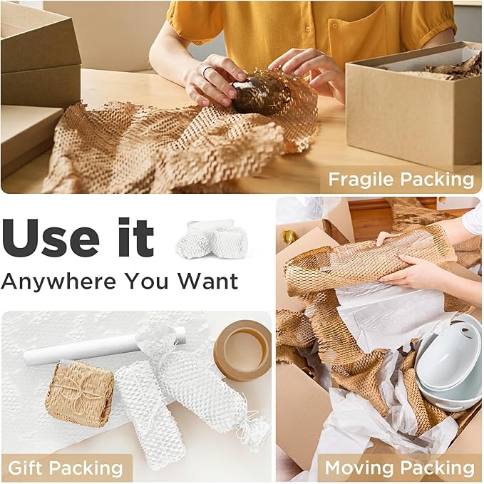 Honeycomb Packing Paper, 12"x300' White | Perforated Honeycomb Packing Paper Recyclable Moving Supplies for Shipping & Moving | Plastic-Free Alternative to Bubble Cushion Wrap with 36 Fragile Stickers