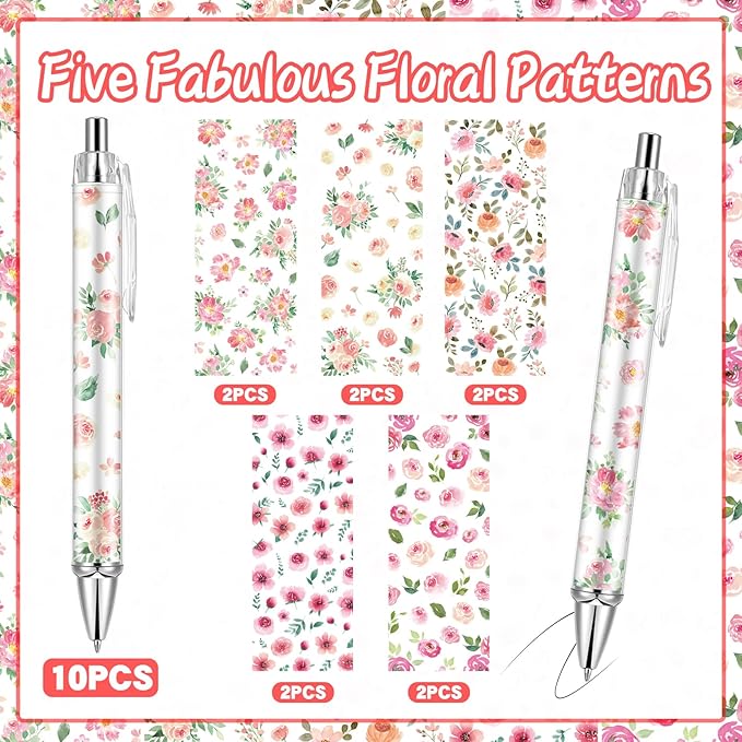 10 PCS Pink Floral Pens Flower Ballpoint Pens 0.5 mm Rollerball Tip Cute Fashionable Retractable Ballpoint Pen for Office Supplies Black Ink, Medium Point (Pink Flower, 10)