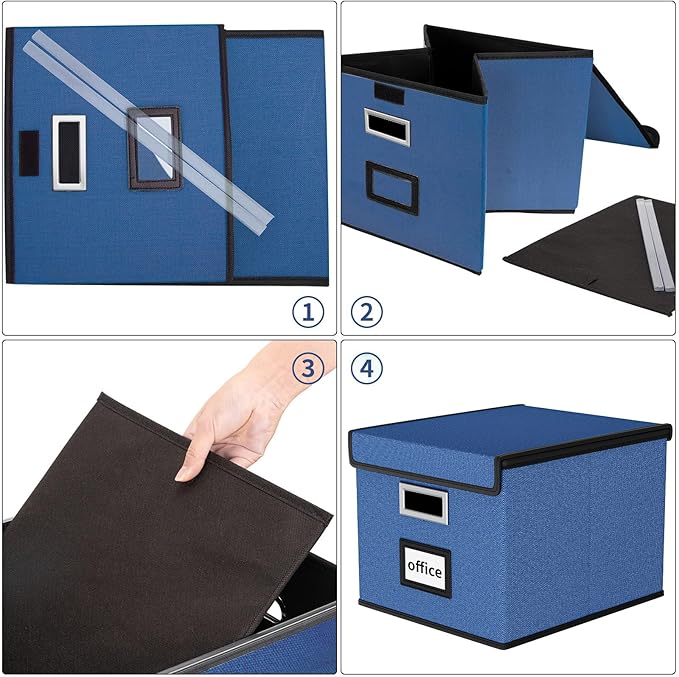 Huolewa Decorative File Organizer Box Office Document Storage with Lid, Portable Collapsible Linen Hanging Filing & Storage Boxes for Office/Decor/Home (Royal Blue) - 14.9 x 12.7 x 10.8 inch - 1Pack