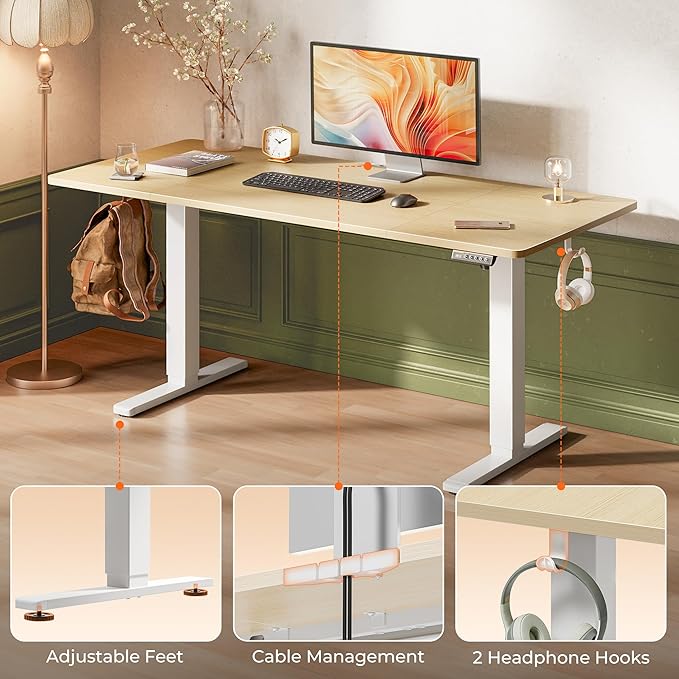 Huuger 63 x 28 Large Electric Standing Desk, Height Adjustable Computer Desk, 27.6" Deep Desktop, Stand up Gaming Office Table with 2 Hooks, 3 Preset Heights, for Home Office, Oak
