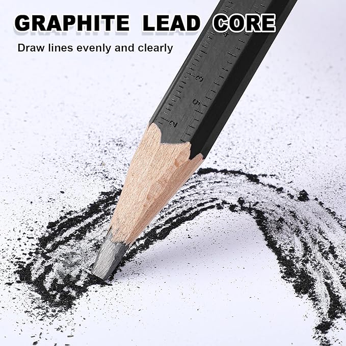 Honoson 200 Pcs Flat Construction Pencils with Printed Ruler Wood Graphite 2 Pcs Carpenter Pencil Sharpener for Woodworking Marking Tool(Black)