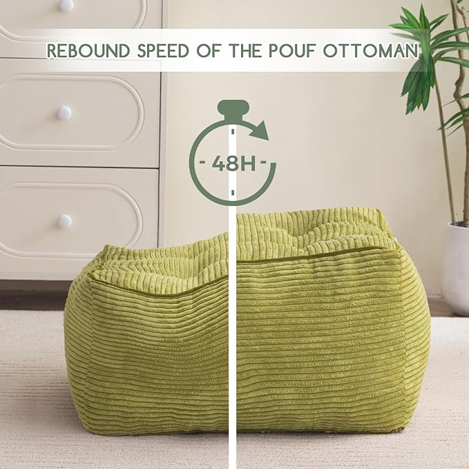 HIGOGOGO Square Stuffed Pouf Ottoman, Corduroy Poufs with Foam Chunk Filling, Furry and Fluffy Pouf Foot Stool Storage Ottoman, 21 X 21 Floor Poufs Foot Rest for Living Room, Green
