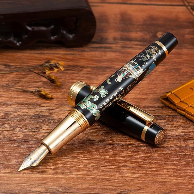 Hongdian 231 Chinese Classical Fountain Pen, Iridum Fine Gold Nib with Chinese Painting Design, Smooth Writing Pen with Ink Converter and Metal Pen Box Set