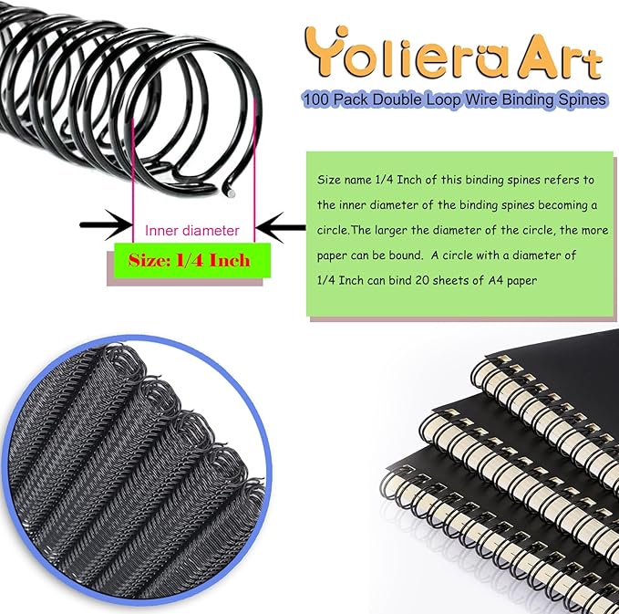 100 Pack Double Loop Wire Binding Spines, YolieraArt 1/4 Inch Spiral Binding Coils for Letter Size,Metal Bindings for Notebook Binder Machine (20 Sheet Capacity, 100P, 3:1 Pitch Twin Combs, Gold)