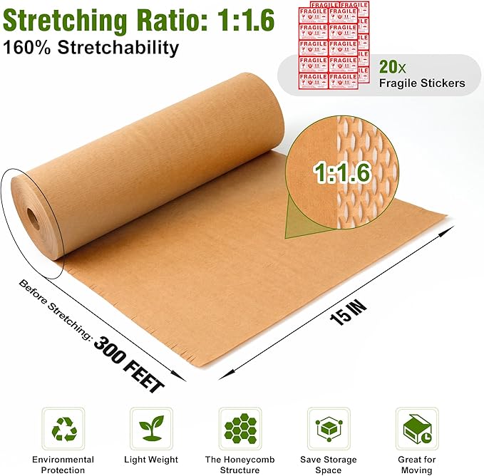 Honeycomb Packing Paper 15" Width X 300 FT for Moving Glass Dishes Recyclable Wrapping Paper Bubble Wrap Packing Material for Shipping Fragile Items Shipping Filler with 20 Fragile Stickers