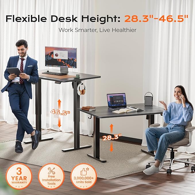 Huuger 48 x 28 Large Electric Standing Desk, Height Adjustable Desk, 27.6" Deep Desktop, Stand up Gaming, 2 Hooks, 3 Preset Heights, for Home Office, Grey