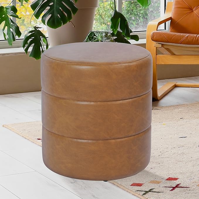 HomePop Upholstered Faux Leather Round Ottoman Home Décor|Foot Rest Ottoman- Carmel Brown