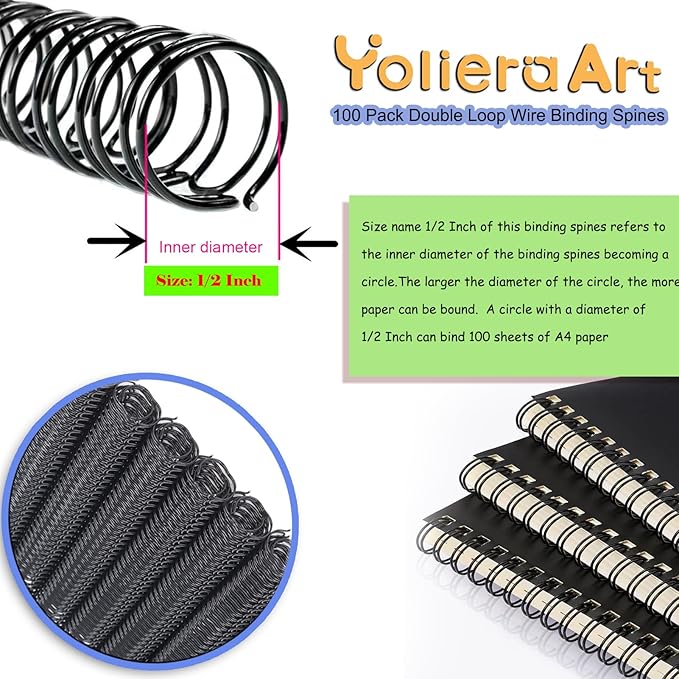 100 Pack Double Loop Wire Binding Spines, YolieraArt Wire Binding Spines, 1/2 Inch Binding Wire for Letter Size (100 Sheet Capacity, 100P, 3:1 Pitch, Blue)