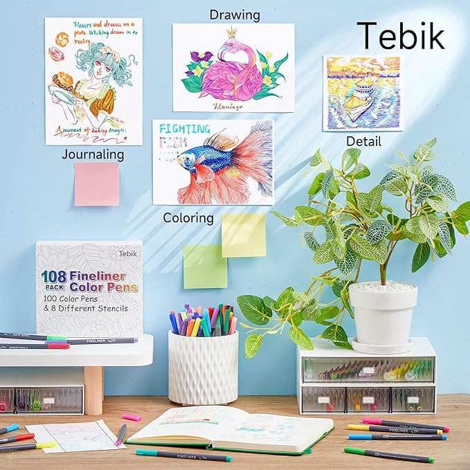 108 Pack Planner Colored Pens, 100 Assorted Colors Drawing Pens with 8 Different Stencils, Perfect for Dotted Journal Planner Writing Note Calendar Coloring Office School Supplies