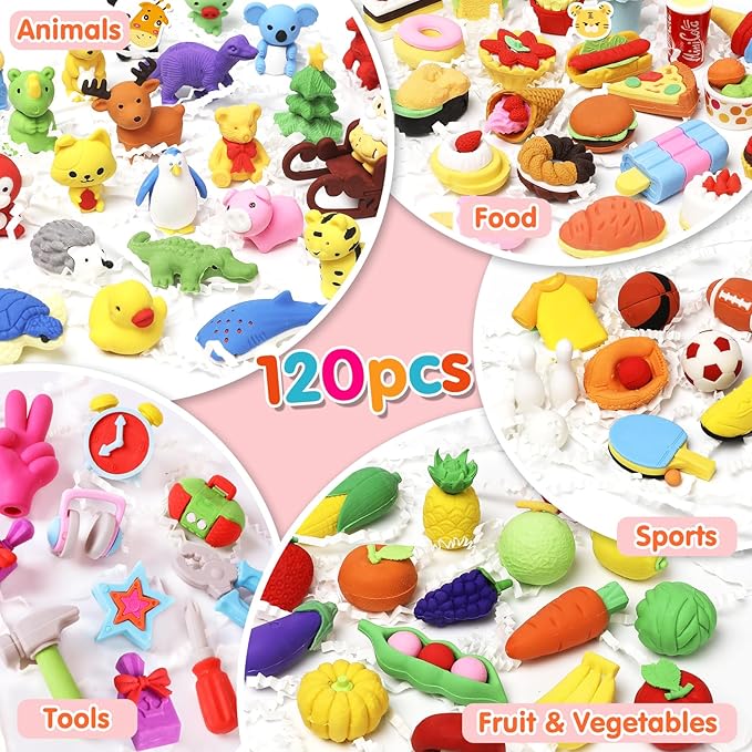 120 Pack Animal Pencil Erasers for Kids, 3D Mini Puzzle Take Apart Erasers, Desk Pets & Treasure Box Toys, Bulk Party Favors, Classroom Prizes, School Supplies, Gift for Boys & Girls