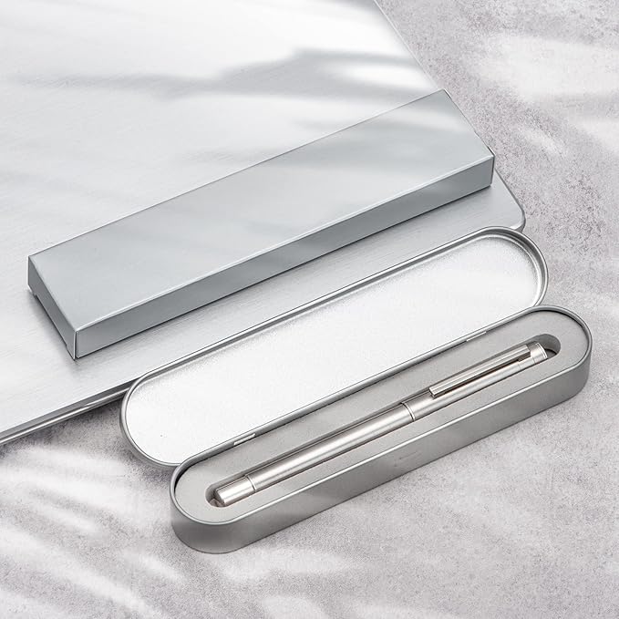 Hongdian 1861 Stainless Steel Fountain Pen Long Blade Nib, Classic Design Smooth Writing Pen with Converter and Metal Pen Case Set