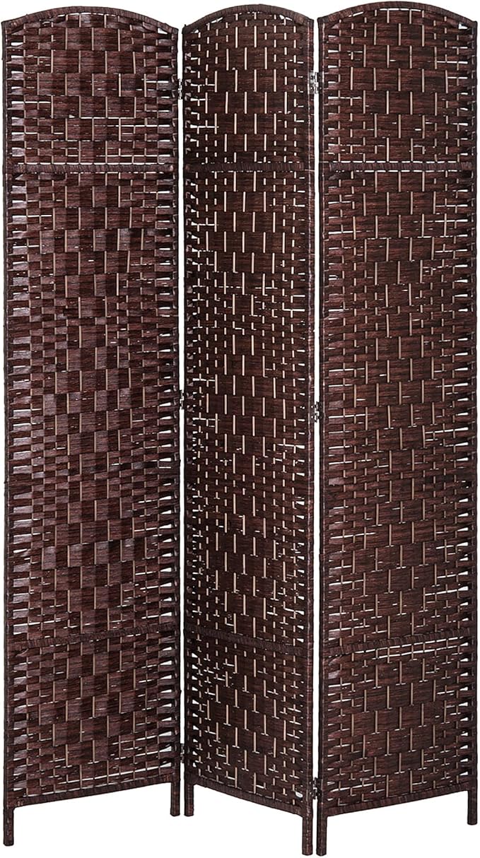 HOMCOM Room Divider, 3 Panel Folding Privacy Screen, 6FT Tall Portable Wicker Weave Partition Wall Divider for Bedroom, Home Office, Brown