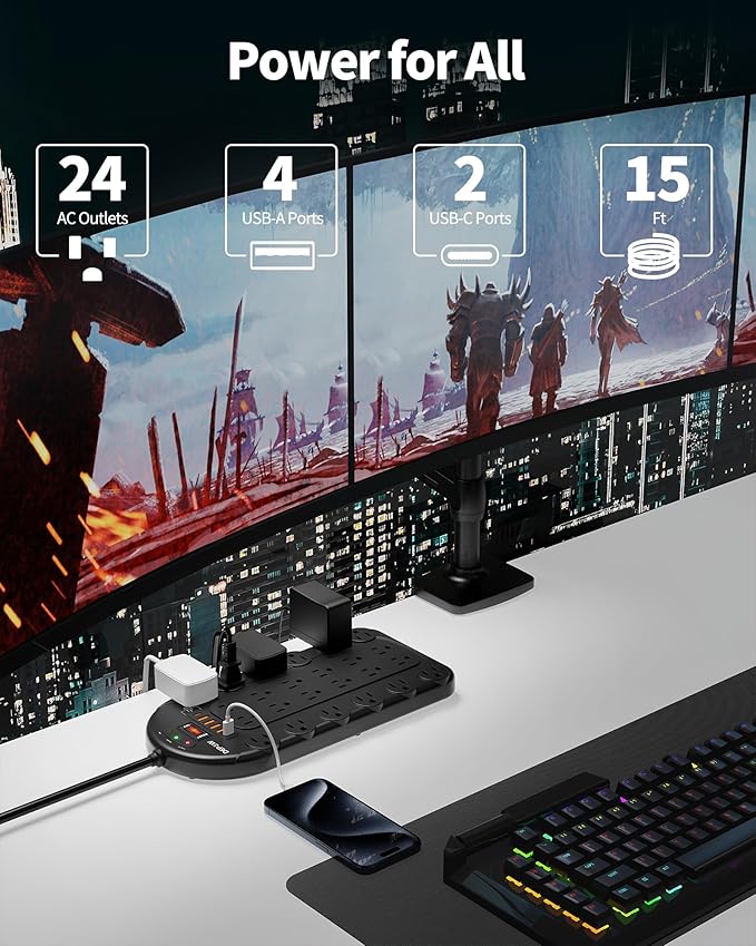 15Ft Power Strip Surge Protector (3,400 Joules), DEPOW 24 AC Multiple Outlets (1875W/15A) with 6 USBs (2 USB-C Ports), ETL Listed, Flat Plug Heavy Duty Long Extension Cord for Home, Office, Black